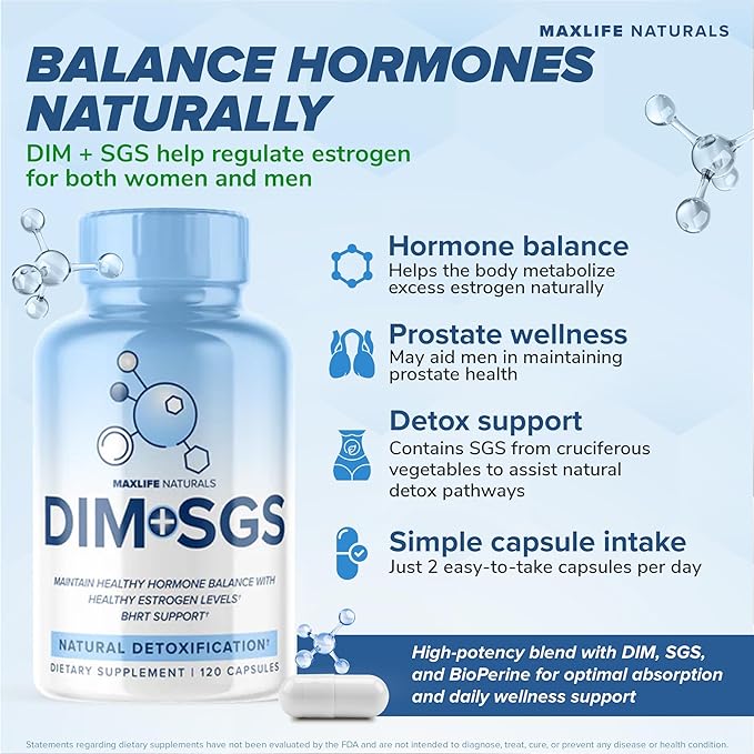 DIM+SGS with Detox Support – 120 Capsules Made In USA- Estrogen Support with DIM Bioperine, DIM Supplement for Women and Men, Estrogen Supplement For Women Menopause & Prostate Hormone Balance For Men