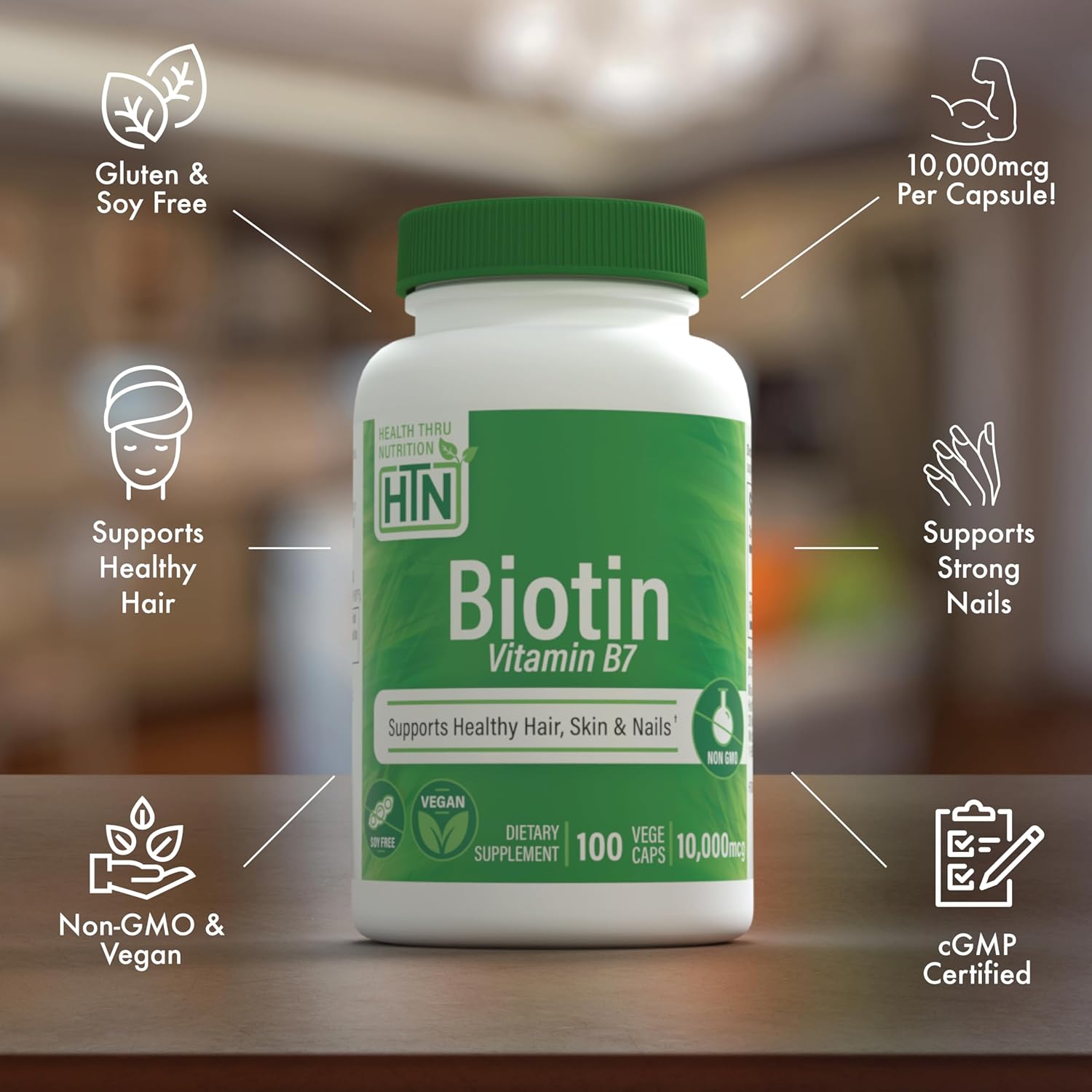 Health Thru Nutrition Biotin 10,000mcg Vegan 100 Capsules | Vitamin B7 | Hair, Skin, Nail Support & Keratin Production | Non-GMO, Soy-Free, Gluten-Free, Hypoallergenic