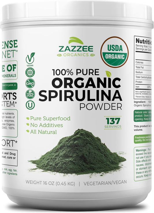 Zazzee Organic Spirulina Powder, 16 Ounces (1 LB), USDA Certified, 137 Servings, 100% Pure, Kosher, Non-Irradiated, Mess-Free Wide Mouth Container, Fresh Smell and Neutral Taste, Non-GMO, Gluten-Free