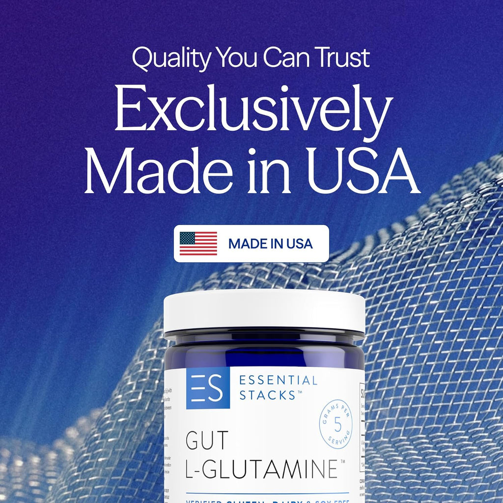 Essential Stacks Gut L-Glutamine Powder - Exclusively Made in USA - Pure L Glutamine Powder for Gut Health (60 Servings, Unflavored)