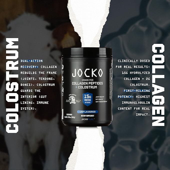 Jocko Fuel Collagen Powder with Colostrum – 15g Hydrolyzed Collagen + 2g First-Milking Colostrum – Dual Action for Gut Health, Joint Support, and Immune Defense – Recovery Supplement (30 Servings)