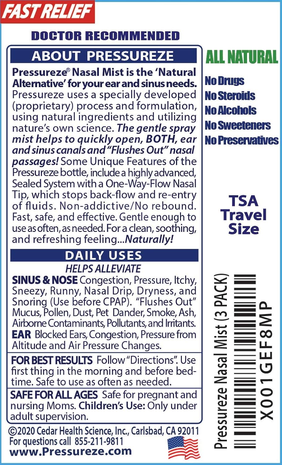 Pressureze All Natural Preservative-Free Sterile Nasal Spray - Fast Relief Nasal Spray - for Sinus Allergies, Loud Snoring & Congestion | 130 Sprays, 18 ml (Pack of 3)