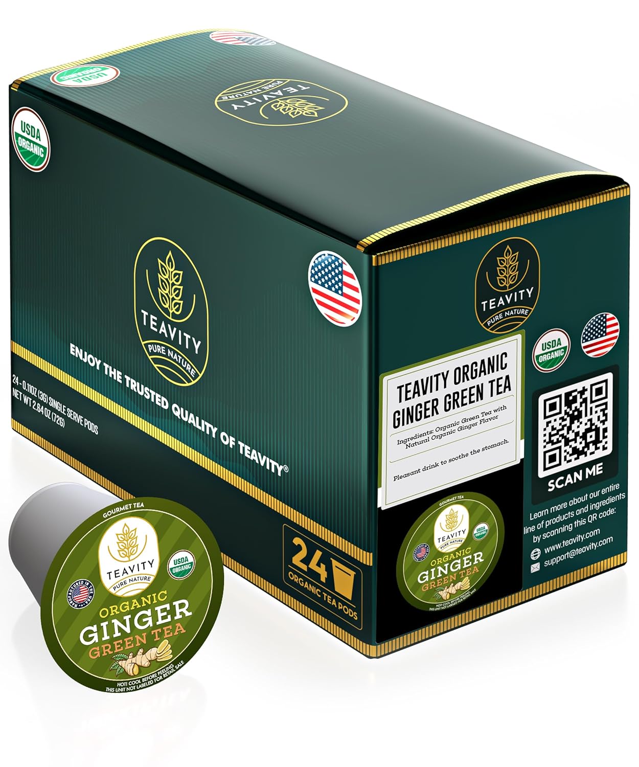 Green Tea & Ginger Tea Pods for Keurig - Caffeinated, Organic, Dye Free, Unsweetened, Herbal Blend for K Cup Machines - Hot or Iced (24 Tea Pods)