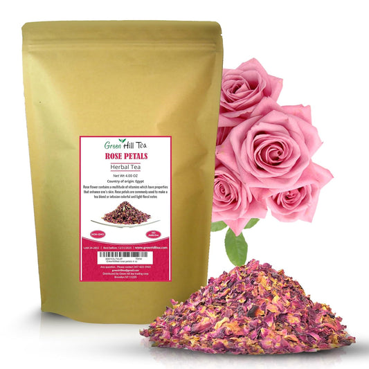 Greenhilltea Premium Dried Rose Petals - Caffeine Free Rose Tea - Edible Flowers for drinks, Baking, Desserts, Cocktails, Wedding Toss & Herbal Tea Infusions - 4 OZ