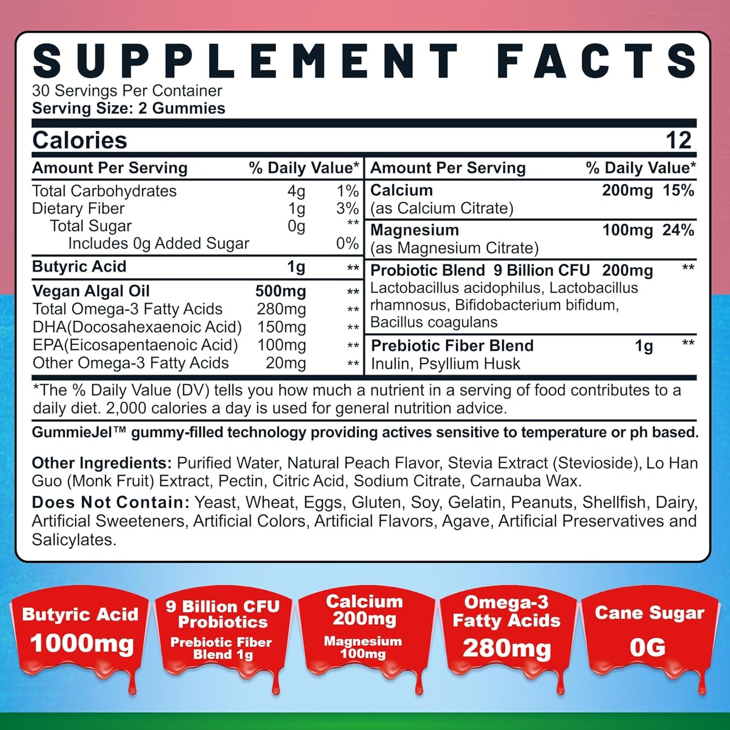 Butyrate Gummies with Probiotic + Prebiotic + Postbiotic, Omega-3 500mg,Fiber with 9 Billion CFU Probiotics, Calcium & Magnesium, Inulin,Psyllium Husk for Digestive Health,Bloating Support,Sugar Free