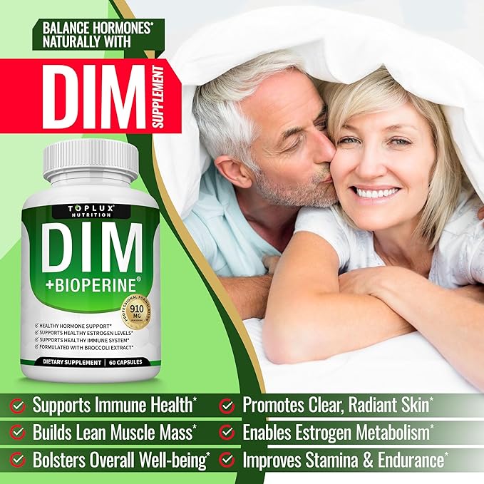 Dim Supplement 910 mg Plus BioPerine Complex - Diindolylmethane to Support Hormone Balance and Estrogen Metabolism, Helps with Menopause Acne PCOS Better Skin Bodybuilding, for Men Women, 60 Capsules