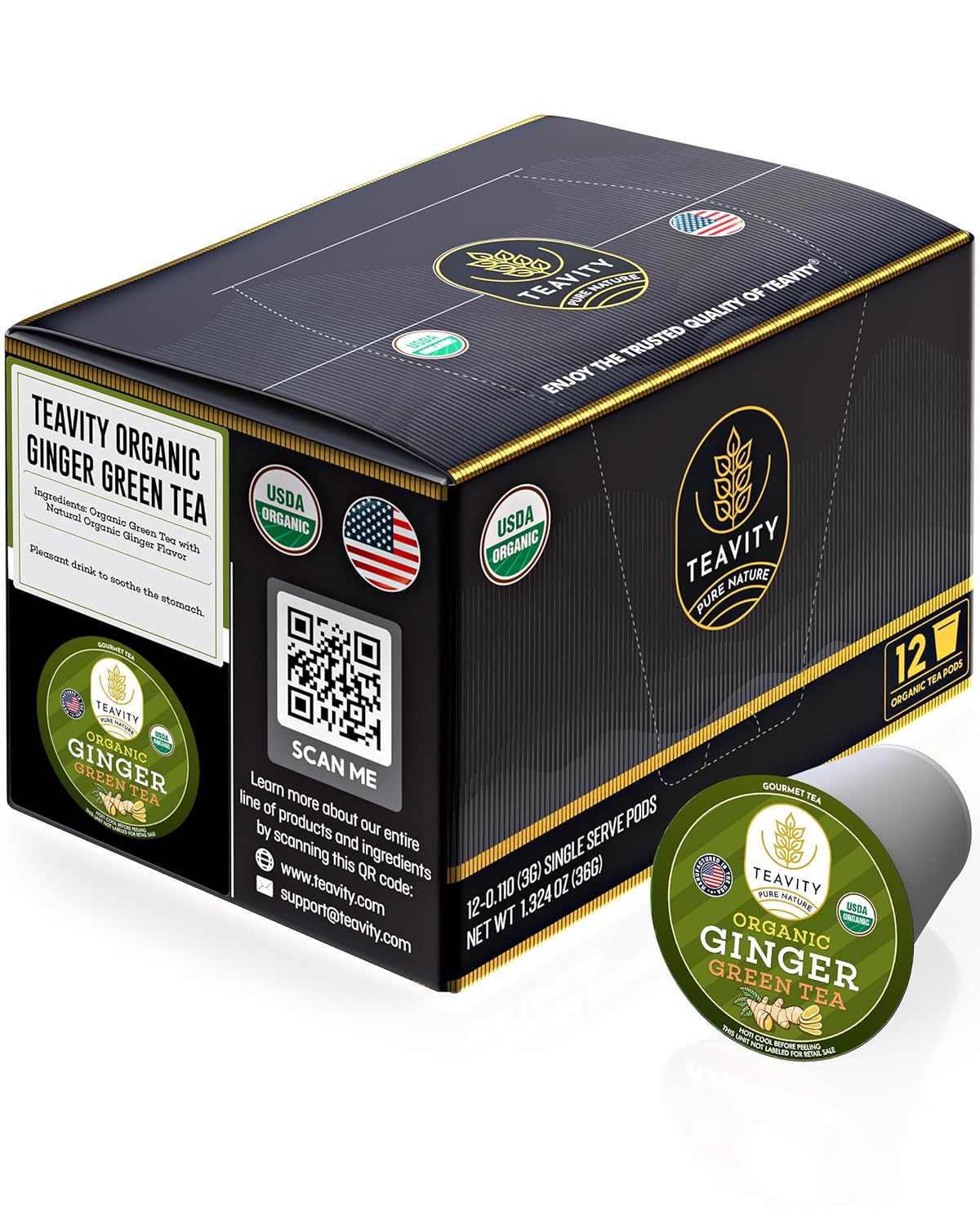 Green Tea & Ginger Tea Pods for Keurig - Caffeinated, Organic, Dye Free, Unsweetened, Herbal Blend for K Cup Machines - Hot or Iced (12 Tea Pods)