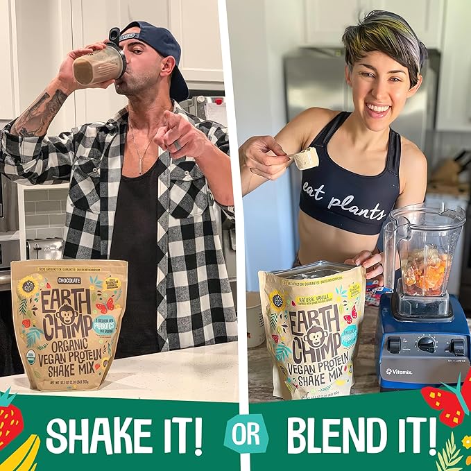 EarthChimp Organic Vegan Protein Powder - with Probiotics - Non GMO, Dairy Free, Non Whey, Plant Based Protein Powder for Women and Men, Gluten Free - 52 Servings, 64 Oz (Chocolate)