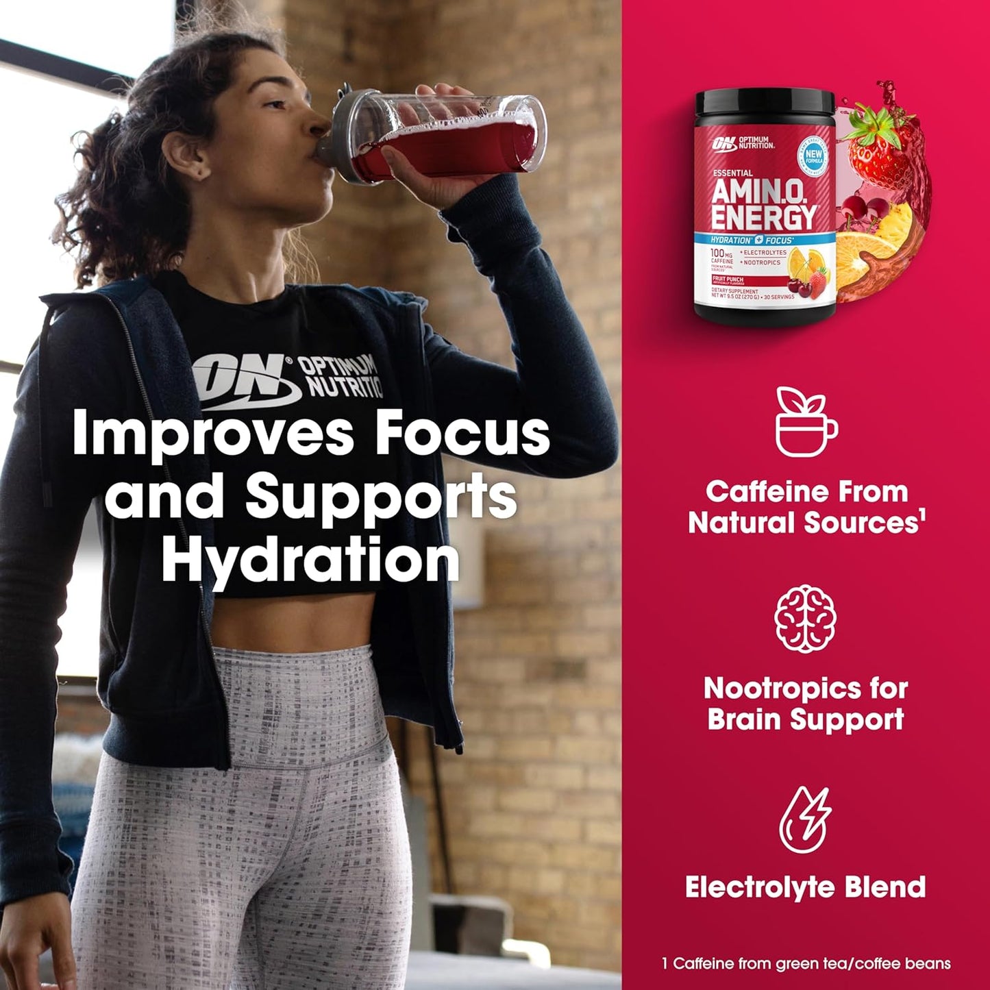 Optimum Nutrition Amino Energy Powder Plus Focus, with BCAA, Electrolytes, and Caffeine, Fruit Punch, 30 Servings (Packaging May Vary)