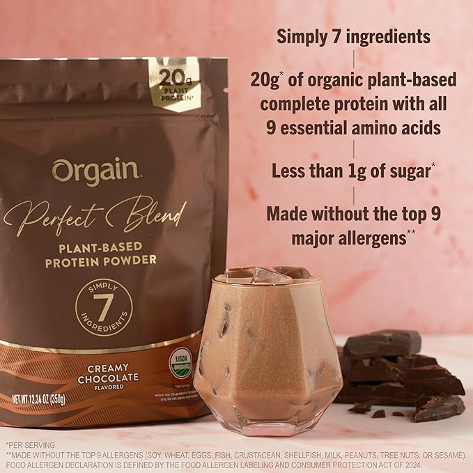 Orgain Organic Vegan Perfect Blend Protein Powder, 20g Clean Plant Protein, 7 Ingredients, <1g Sugar, Gluten Free, Non-GMO; No Artificial Flavors, Stevia Extract, Dairy or Soy Ingredients- Chocolate