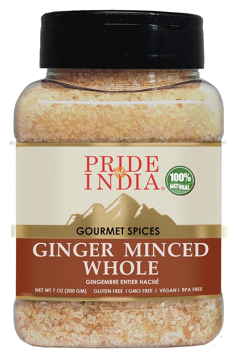 Pride of India - PACK of 6 - Ginger Minced Whole – Gourmet Spice – Rich in Antioxidant – Potent Flavor - Great for Adding Flavor to Stir Fries & Sauces – Easy to Store – 7 oz. Medium Dual Sifter Jar