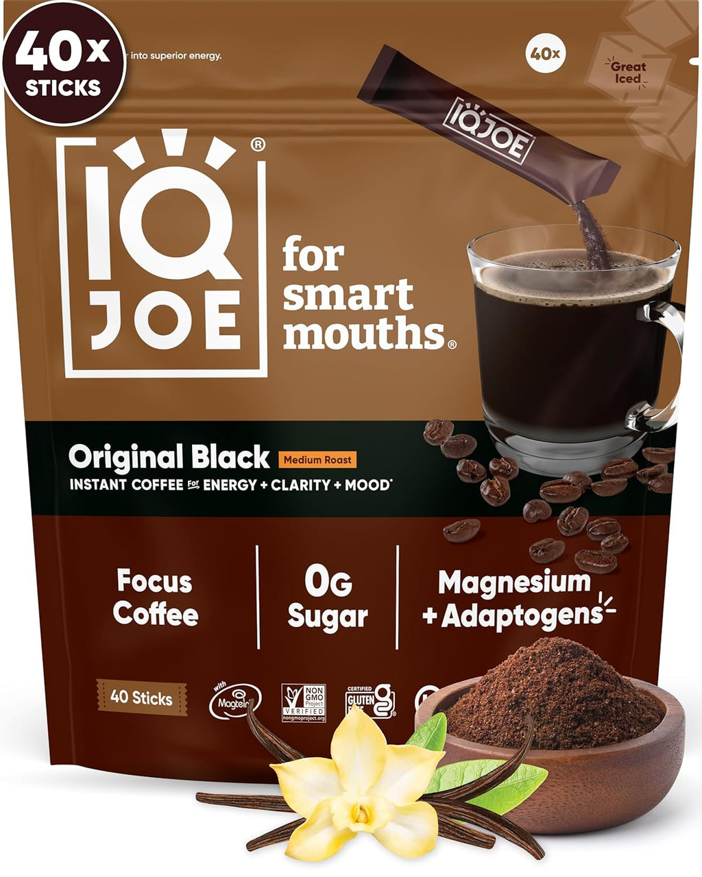 IQJOE Mushroom Coffee Packets (40 Servings) Lion’s Mane, Magtein Magnesium, Antioxidants, Adaptogens - Original Black - Instant Coffee for Focus, Clarity, Mood, Energy Boost - Sugar Free, Keto, Vegan