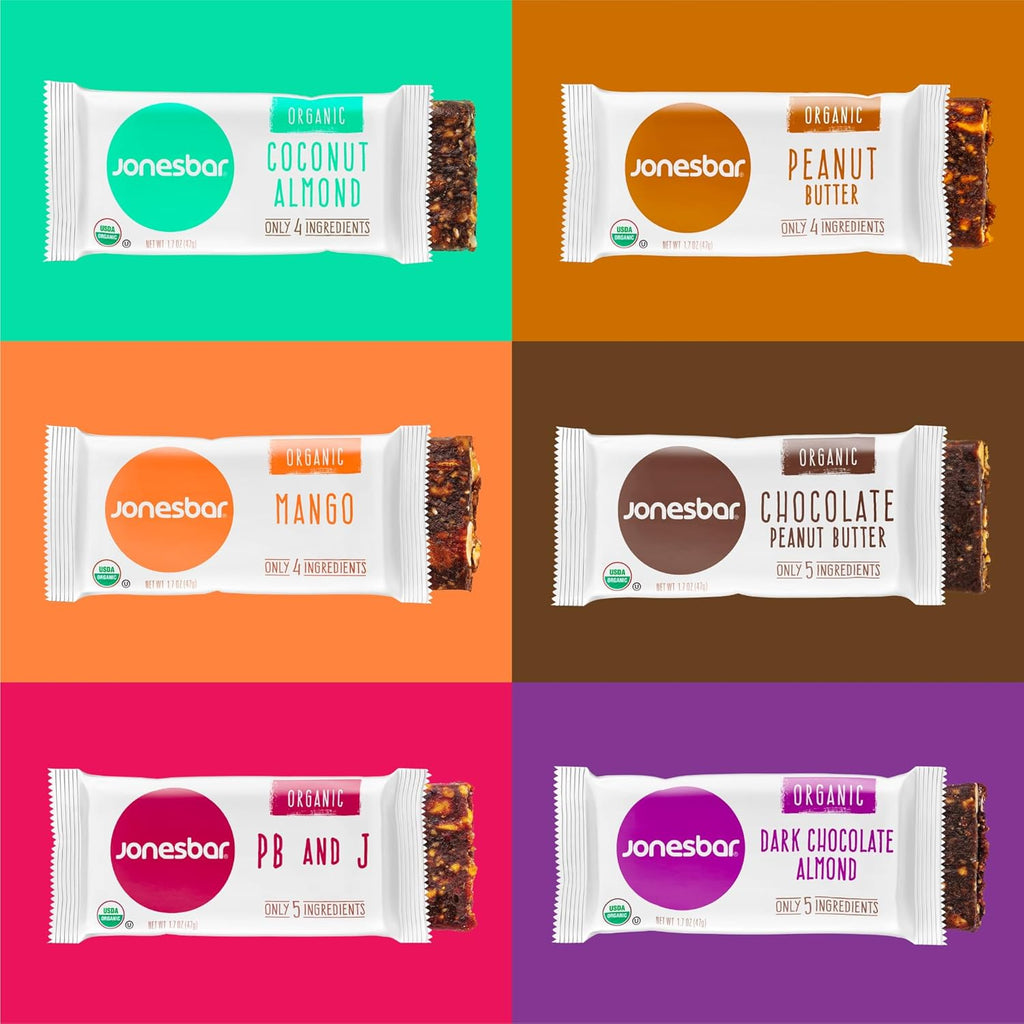 JONESBAR Organic Plant Based Protein Bars | 6 Flavor Variety Pack | Fruit & Nut Bar, Kosher, Gluten Free, Breakfast Bars, School Snacks, Vegan Snack & Healthy Snacks for Adults and Kids (Pack of 12)