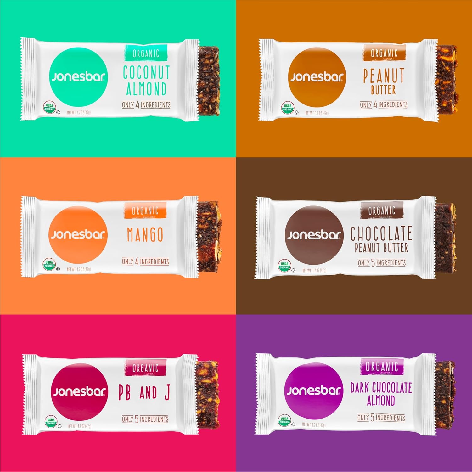 JONESBAR Organic Plant Based Protein Bars | 6 Flavor Variety Pack | Fruit & Nut Bar, Kosher, Gluten Free, Breakfast Bars, School Snacks, Vegan Snack & Healthy Snacks for Adults and Kids (Pack of 12)