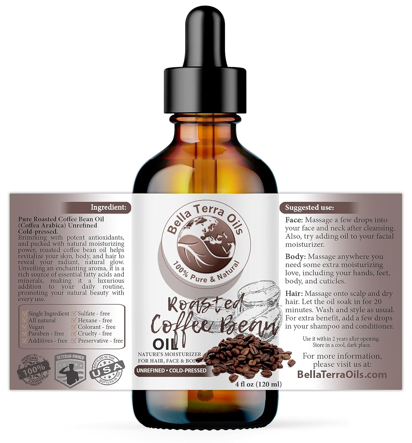 Bella Terra Oils – Roasted Bean Oil 4oz – A Symphony of Oils for Flavoring, Rich in Chlorogenic Acid, For the Love of Pure Aroma