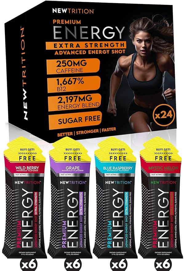 NewTrition® Extra Strength Energy Shots 1.7 fl oz - 250mg Caffeine with B Vitamins & Amino Acids, Sugar-Free Zero Calorie Vitamin Energy Drink for Focus & Endurance (Pack of 24, 4 Flavors - Mixed 1)