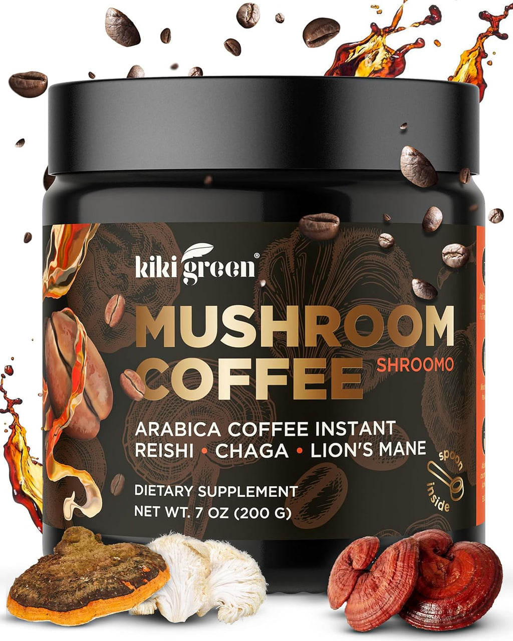 KIKI Green Mushroom Coffee - Instant Arabica Brew with Reishi, Chaga, Lion's Mane - Everyday Alternative for Focus, Energy, Immunity - 7 oz, 40 Servings