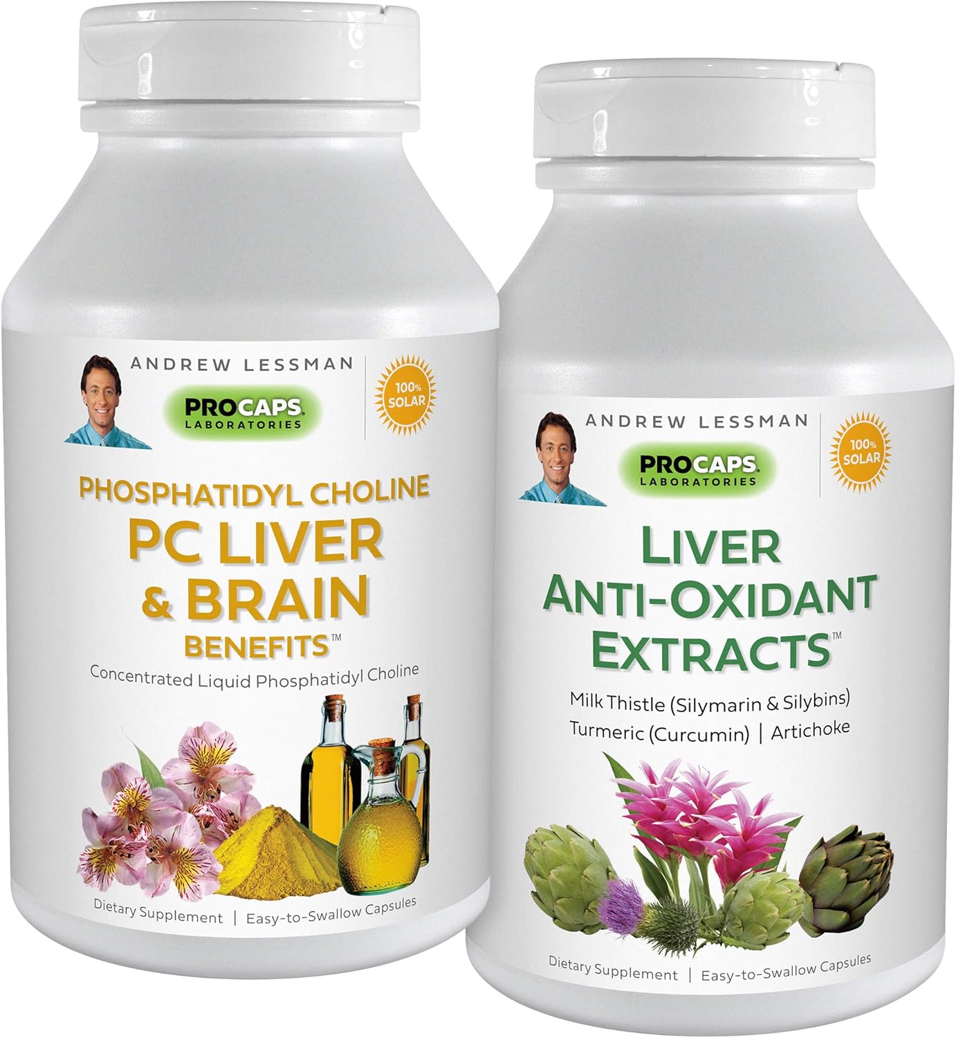 ANDREW LESSMAN PC Liver and Brain Benefits + Liver Anti-Oxidant Extracts Kit: 90 Capsules (60+30) - Phosphatidyl Choline, Milk Thistle, Artichoke, Curcumin.