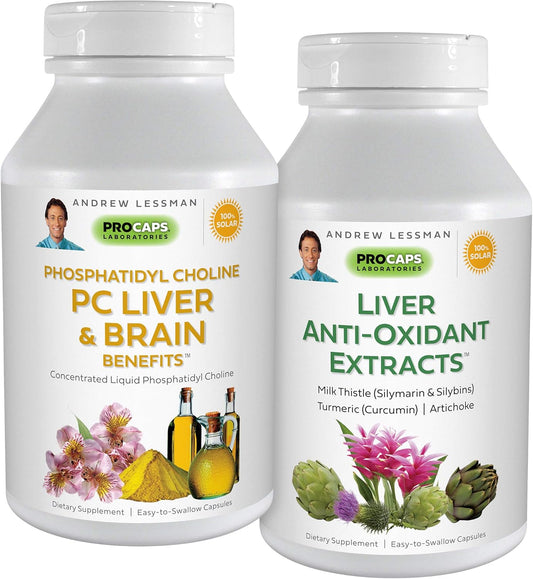 ANDREW LESSMAN PC Liver and Brain Benefits + Liver Anti-Oxidant Extracts Kit: 90 Capsules (60+30) - Phosphatidyl Choline, Milk Thistle, Artichoke, Curcumin.