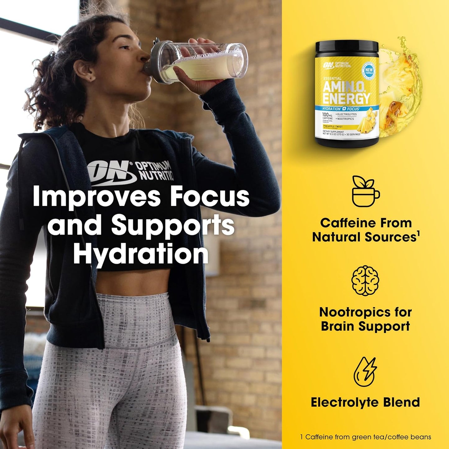 Optimum Nutrition Amino Energy Powder Plus Hydration, with BCAA, Electrolytes, and Caffeine, Pineapple Twist, 30 Servings (Packaging May Vary)