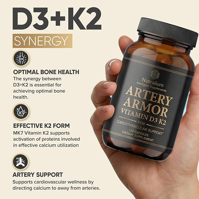 Vitamin D3 K2 Supplement 5000 IU 100 mcg MK7 – High Potency D3+K2 Capsules for Artery Health, Heart Support & Strong Bones Non-GMO Third-Party Tested d3+k2 Vitamin Supplement Artery Armor -120 Count