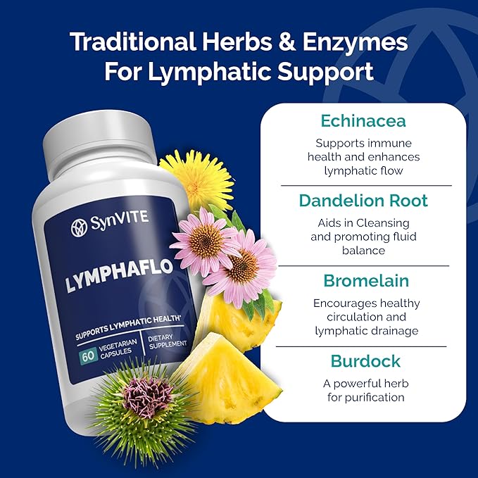 LymphaFlo - Lymphatic Drainage Supplement - Lymph System Support - with Bromelain, Echinacea, Dandelion, Rutin, Burdock, Lemon Powder, Kelp & More - Vegan, Gluten Free, Dairy Free - 60 Capsules
