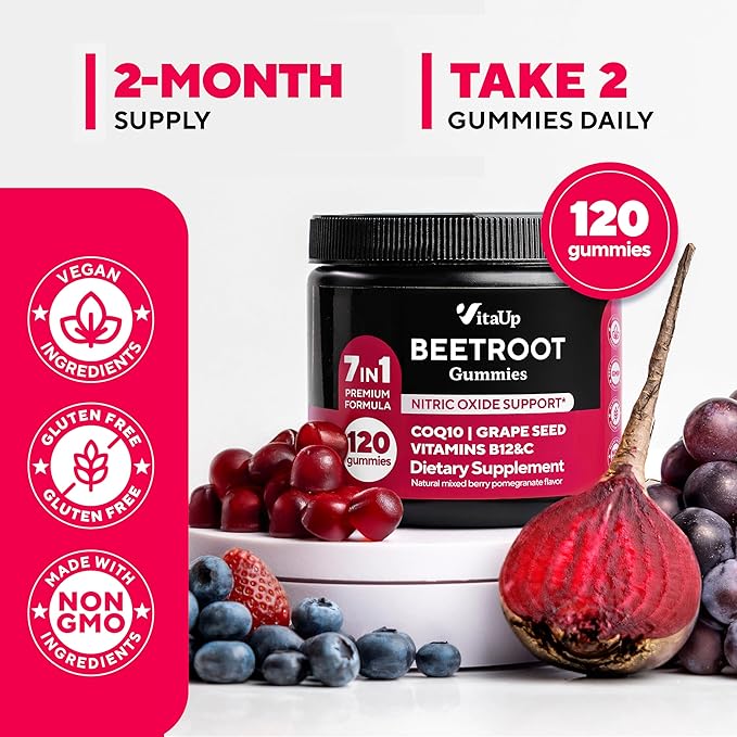 Beet Root Gummies – Nitric Oxide Beets Supplements – with CoQ10, Grape Seed, Vitamin C, B12 & B3 – 120 Beets Chews
