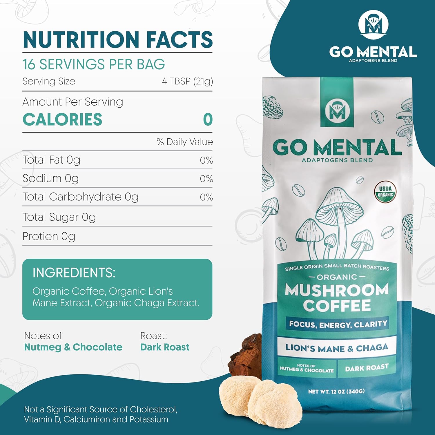 Organic Lion's Mane and Chaga Mushroom Coffee Dark Roast, Full Fruiting Bodies, For Enhanced Brain Function, Immune Support, Wellbeing, Grade 1 Single Origin Peruvian, 12oz - Ground (2 Pack)