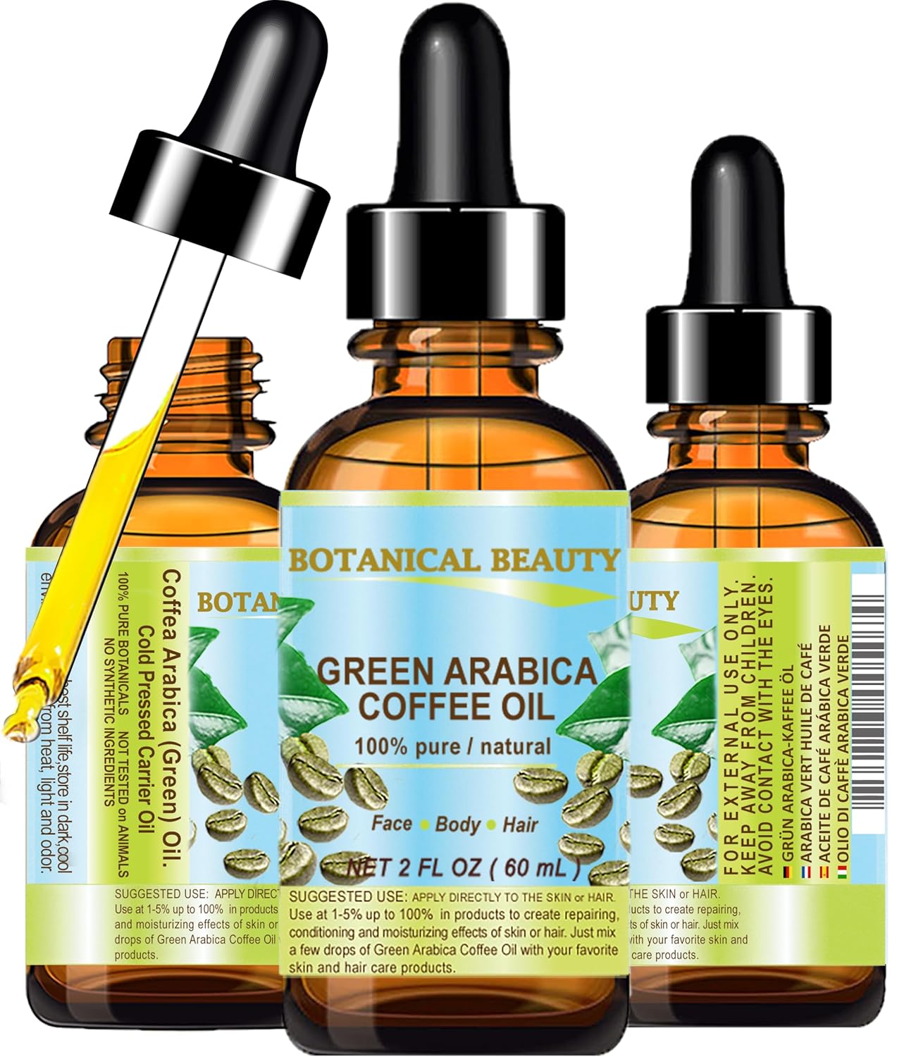 Botanical Beauty GREEN ARABICA COFFEE OIL Brazilian 100% Pure Virgin Unrefined for Face, Skin, Hair, Lip, Nails. Anti - Aging Face Oil (2 Fl Oz)