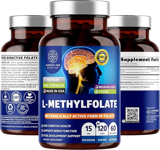 Number One Nutrition Premium L-Methylfolate 12.75MG, Extra Strength 5-MTHF Active Methylfolate Supplement for Energy and Cognitive Support, Gluten-Free and Non-GMO, 120 Capsules