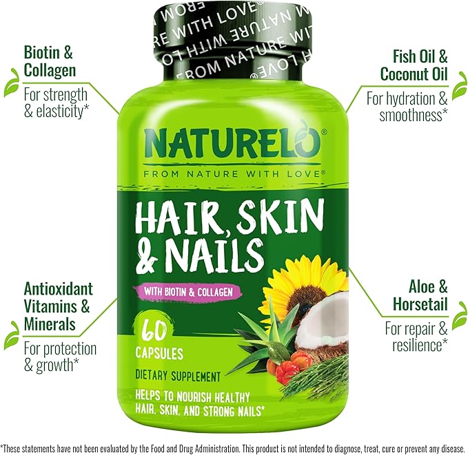 NATURELO Hair, Skin and Nails Vitamins - 5000 mcg Biotin, Collagen, Natural Vitamin E - Supplement for Healthy Skin, Hair Growth for Women and Men – 60 Capsules