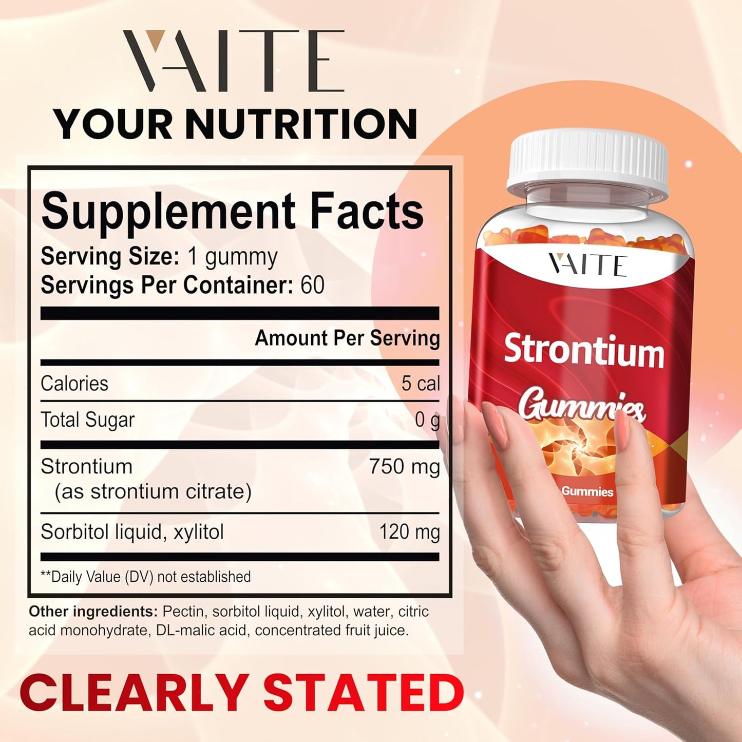 Strontium Citrate 750mg Supplement – Enhances Bone Density, Strength, and Health for Men and Women, 60 Vegan, Non-GMO, Sugar-Free Gummies Provide an Easy Way to Promote Long-Term Bone Wellness