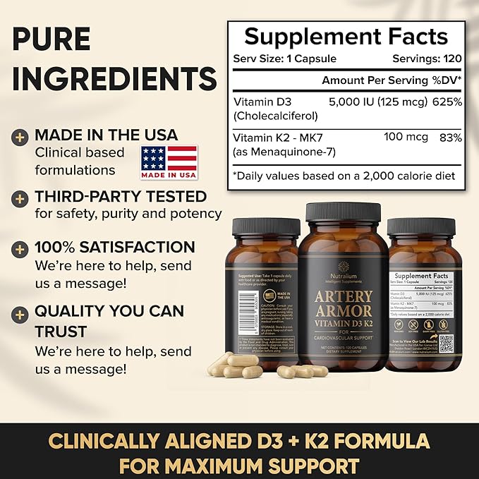 Vitamin D3 K2 Supplement 5000 IU 100 mcg MK7 – High Potency D3+K2 Capsules for Artery Health, Heart Support & Strong Bones Non-GMO Third-Party Tested d3+k2 Vitamin Supplement Artery Armor -120 Count