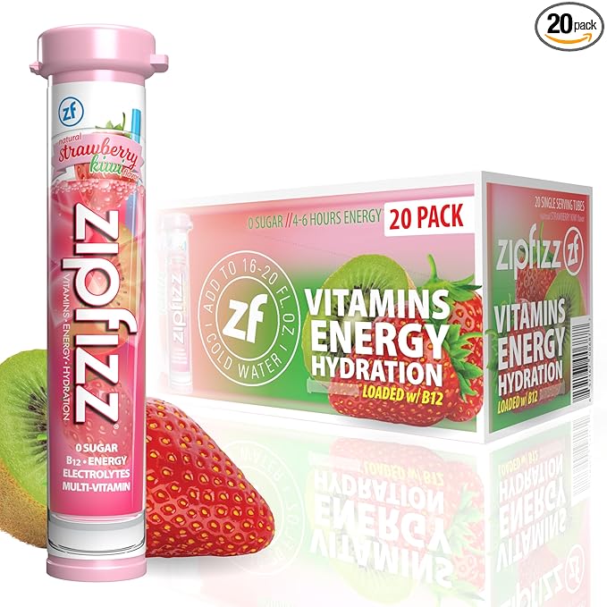 Zipfizz Daily Energy Drink Powder, Strawberry Kiwi, 20 Pack | 3-in-1 Sustained Energy, Rapid Hydration, and Essential Vitamins | Sugar-Free | Electrolyte Powder | Contains Vitamin B-12 & Antioxidants