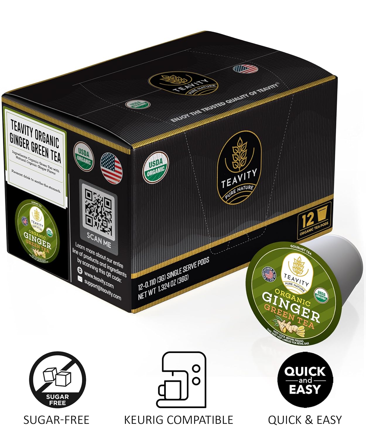 Green Tea & Ginger Tea Pods for Keurig - Caffeinated, Organic, Dye Free, Unsweetened, Herbal Blend for K Cup Machines - Hot or Iced (24 Tea Pods)