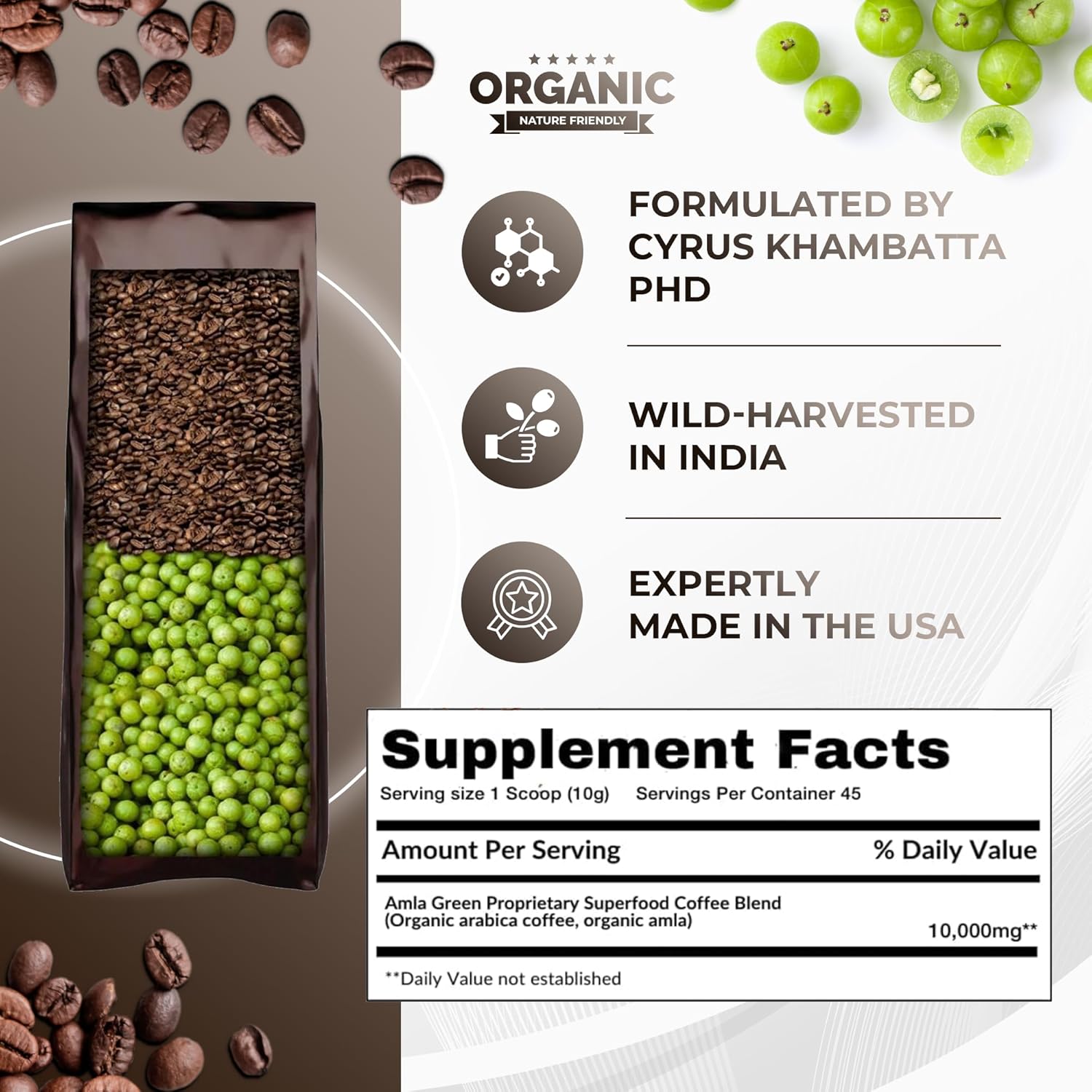 Amla Green Organic Ground Superfood Coffee, Medium Roast Gourmet Coffee with Antioxidant Rich Indian Gooseberry, 100% Arabica Specialty Coffee, 16 Oz