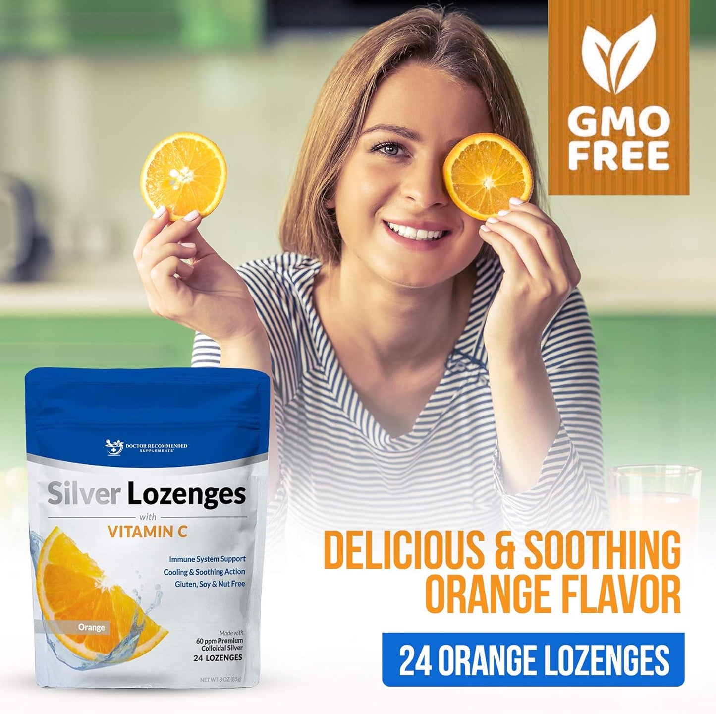 Silver Lozenges with Vitamin C - Premium Nano Silver 60 PPM Colloidal Silver, Organic Honey and Vitamin C Mineral Supplement Drops to Support Immune System, Soothe Cough & Throat - 24 Orange Lozenges