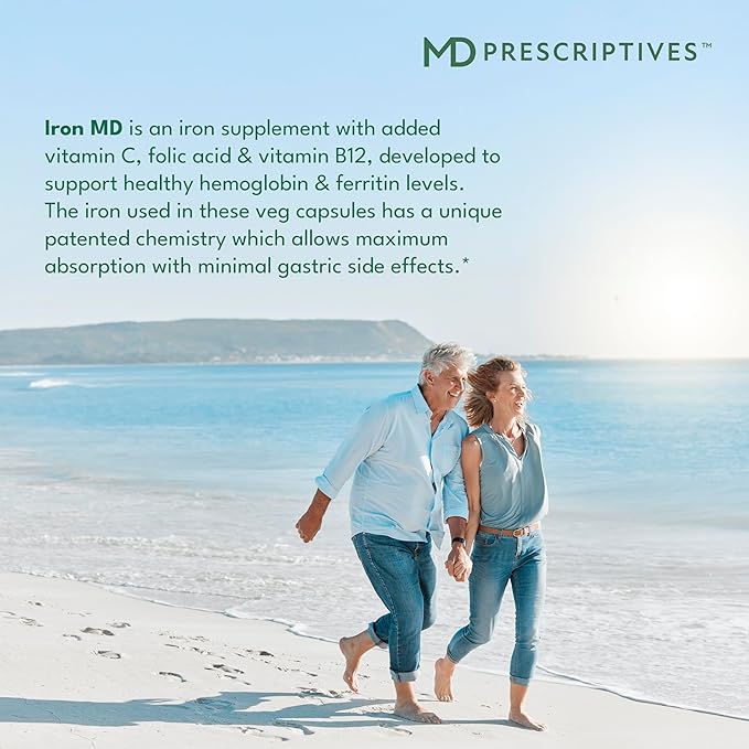 MD Prescriptives Iron MD Capsules - Daily Iron Supplement for Women & Men with Vitamin C, Vitamin B12 & Folic Acid - Optimal Absorption Formula - 60 Veg Capsules