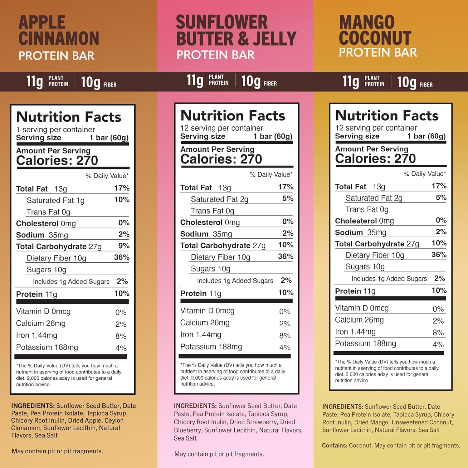 Amrita Nut Free Variety Pack Vegan Protein Bars (12 Count PK of 3) | 11g to 12g Plant-Based Protein Bar | Peanut Free, Gluten Free, and Dairy Free | Low Sugar, High Fiber, Healthy School-Safe Snacks