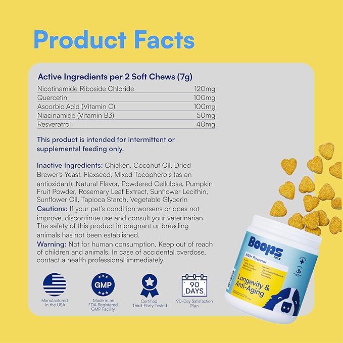 NAD+ Precursor & Senior Dog Supplement - 90 Soft Chews - NMN Alternative for Longevity & Healthy Aging - Nicotinamide Riboside, Resveratrol, Quercetin, Made with Pasture-Raised Chicken