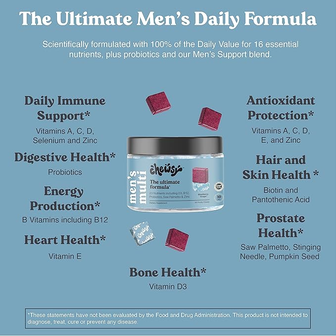 Chewsy - Men's Multivitamin Chews - Immune and Energy Support, Vitamin A, B12, C, D3, E, Probiotics, Saw Palmetto, Zinc - 6-Day Supply
