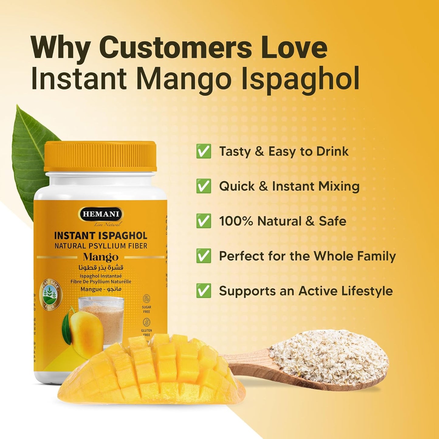 Hemani Instant Psyllium Husk Ispaghol 100g | Mango Flavored On-The-Go Fiber Supplement | Supports Digestive Health | Add to Water for a Refreshing Drink