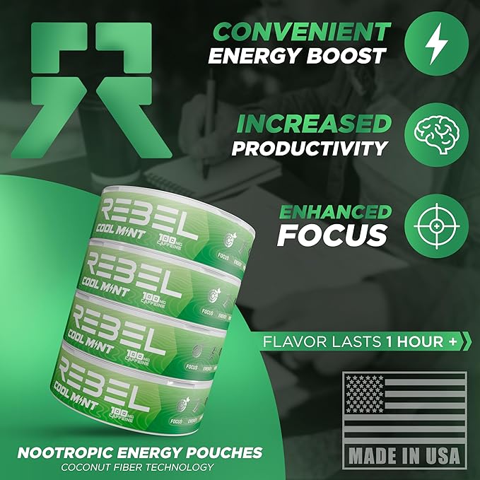 Nootropic Energy Caffeine Pouches (Cool Mint) • 100mg Caffeine • Alpha GPC • Huperzine A & Essential Vitamins • Sugar-Free • Coconut Fiber Technology • 15 Pouches Per Can (Pack of 1)