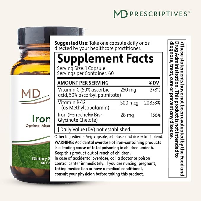 MD Prescriptives Iron MD Capsules - Daily Iron Supplement for Women & Men with Vitamin C, Vitamin B12 & Folic Acid - Optimal Absorption Formula - 60 Veg Capsules