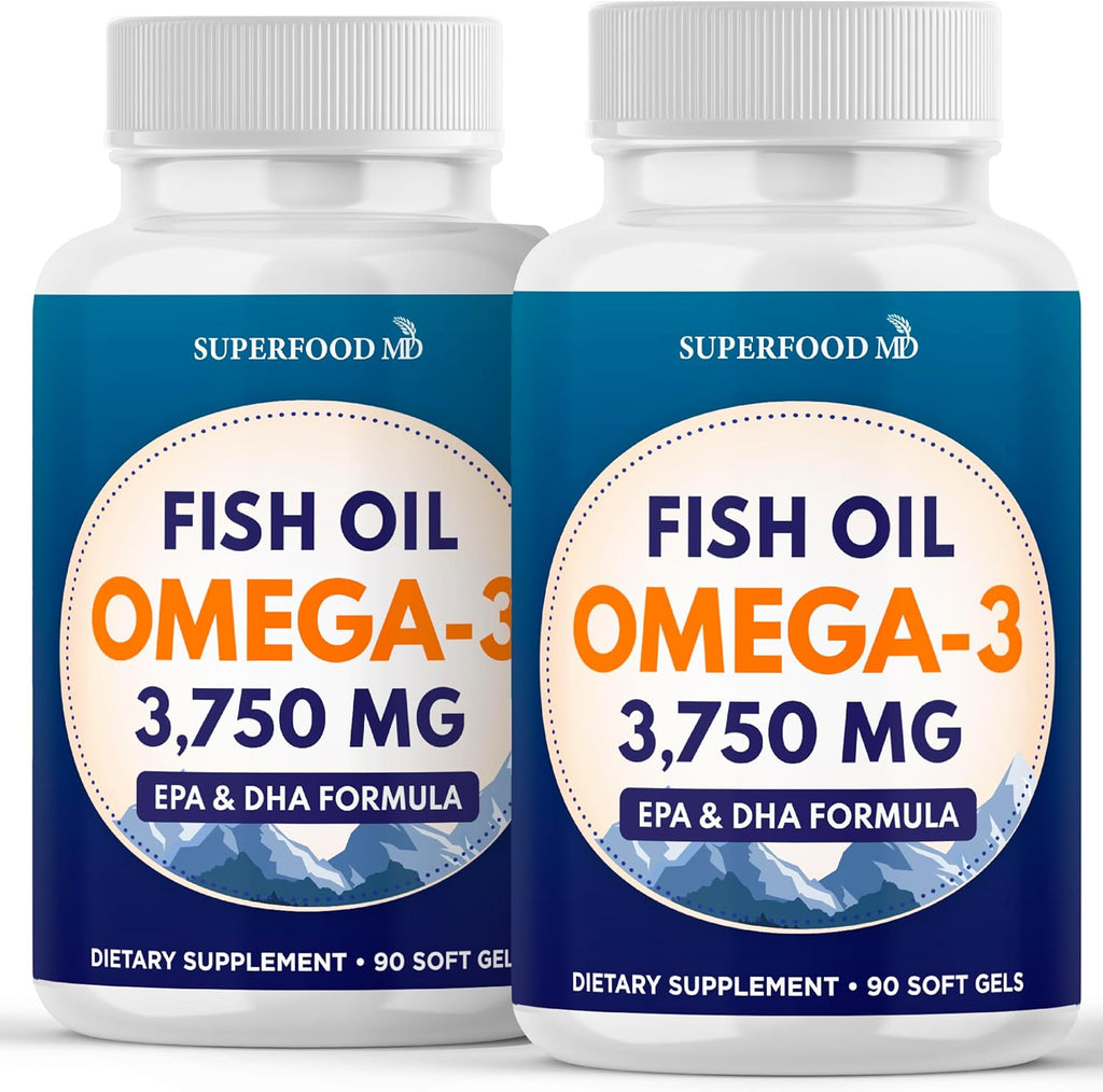 Triple Strength Omega 3 Fish Oil 3750 mg - EPA & DHA - Over 3000mg Omega-3 Fatty Acids - 1350mg EPA + 900mg DHA - Best Essential Fatty Acids, Burpless Fish Oil - 180 Count