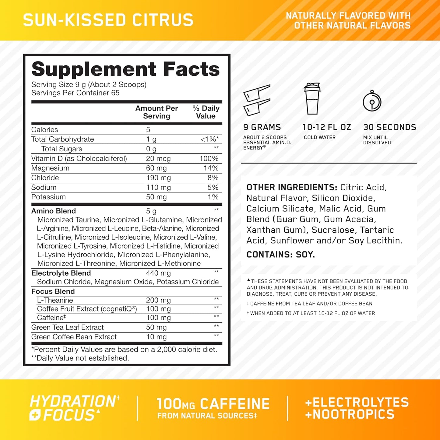 Optimum Nutrition Amino Energy Powder Plus Focus, with BCAA, Electrolytes, and Caffeine, Sunkissed Citrus, 65 Servings (Packaging May Vary)