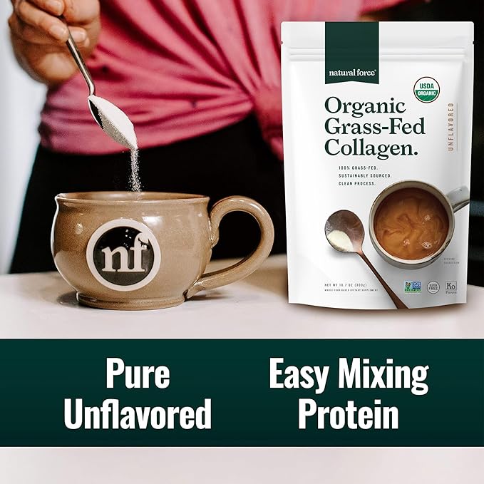 Natural Force Organic Clean Collagen Peptides Powder - USDA Certified Organic & Non-GMO, Keto & Paleo Certified - Hydrolyzed Type I & III Protein Powder with Essential Amino Acids – Unflavored, 10.7oz