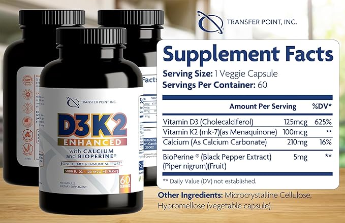D3K2 Enhanced with Calcium & BioPerine® - 5000 IU Vitamin D3 + 100 mcg Vitamin K2 MK-7 - Once-daily formula, 60 Capsules