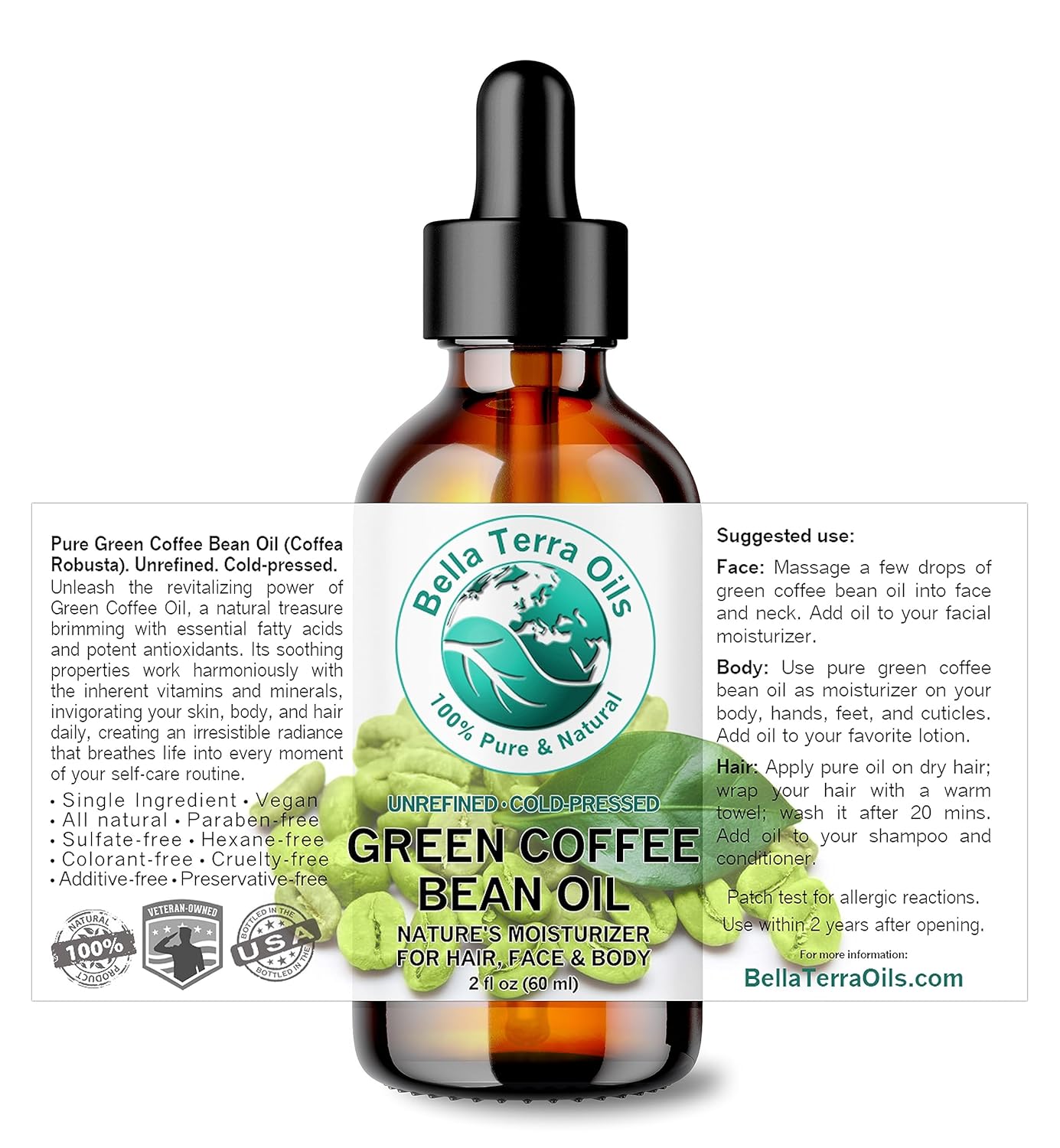 Bella Terra Oils - Green Coffee Bean Oil 2 oz - Packed with Chlorogenic Acid & Ferulic Acid, Abundant Essential Fatty Acids, Pure Coffee Bean Extract Essence