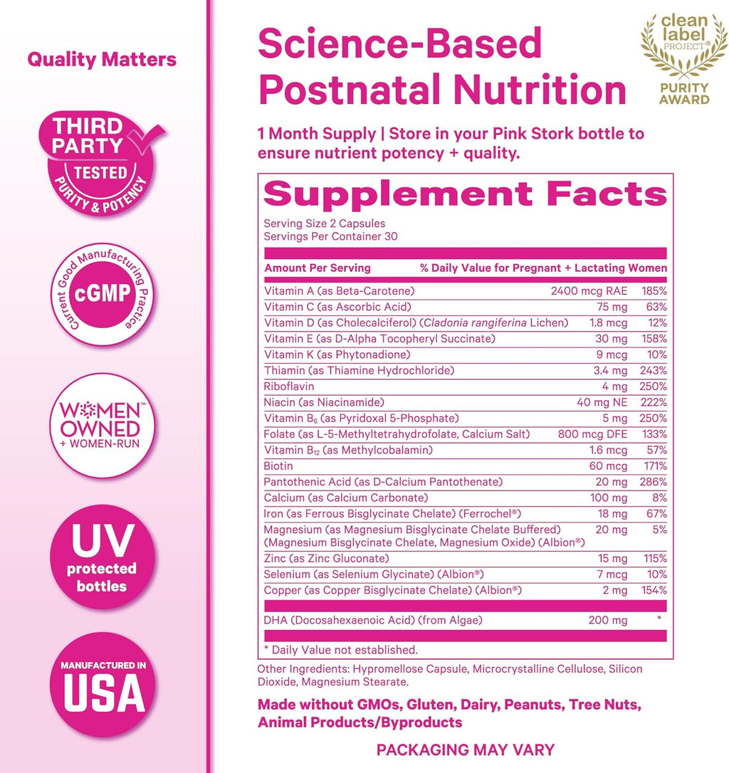 Pink Stork Total Postnatal Vitamins for Women | Vegan DHA, Methylated Folate, Iron, + Vitamin B12 | Postpartum Recovery Essentials + Breastfeeding Support | Mint, 1-Month Supply